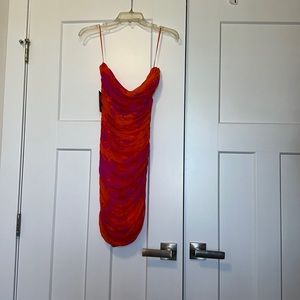 This is a multi-color strapless dress
